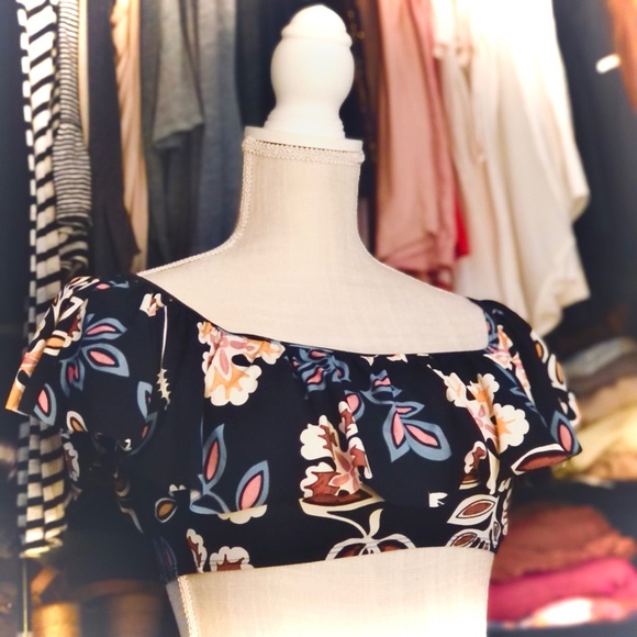 TORY BURCH | S | Hopewell Off-the-Shoulder Ruffle Floral Swim Top Bandeau Black - Picture 6 of 13